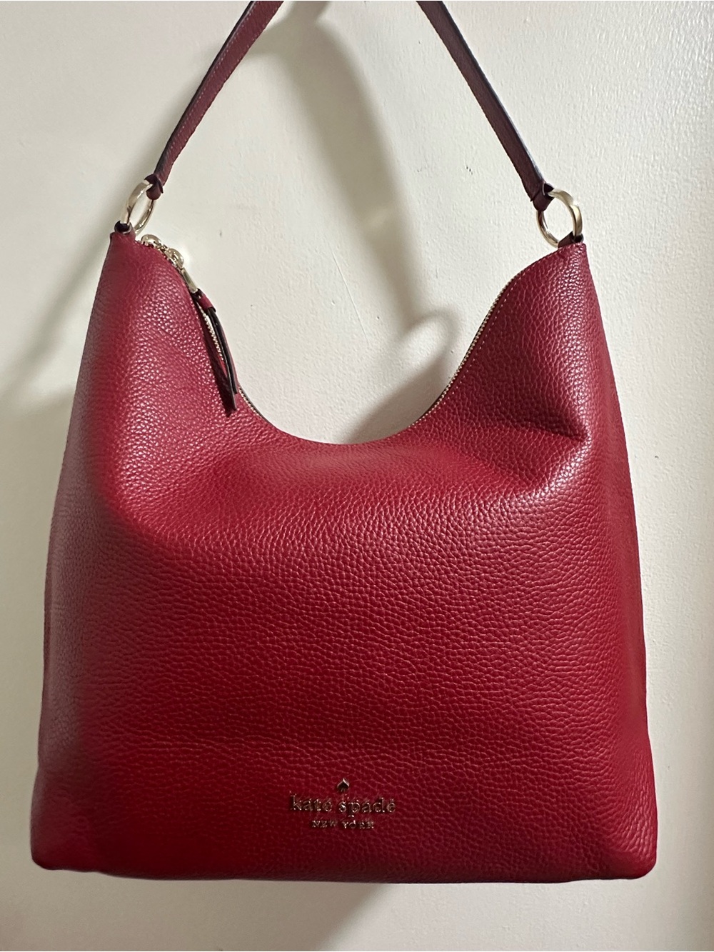kate spade Red Pebbled Leather Shoulder Hobo Bag with Hold Hardware